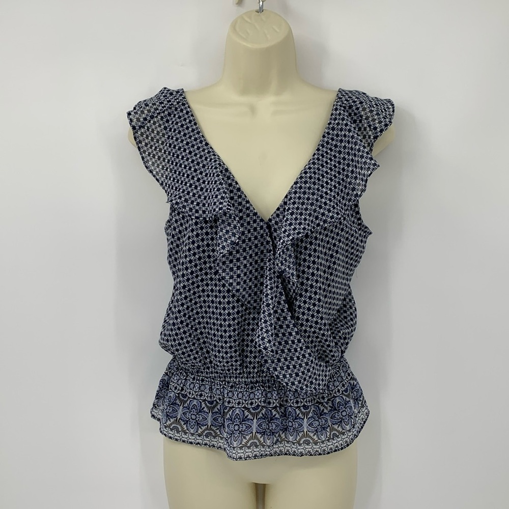 Evereve Kaylene ruffle peplum tank blouse top shirt navy blue white faux wrap XS